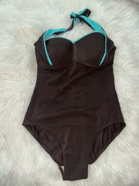 Boston Proper Black One-Piece Swimsuit with Teal Trim